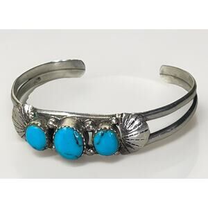 Vintage Navajo 3 Stone Turquoise & Sterling Silver Cuff Bracelet 6.5” - 18 Grams